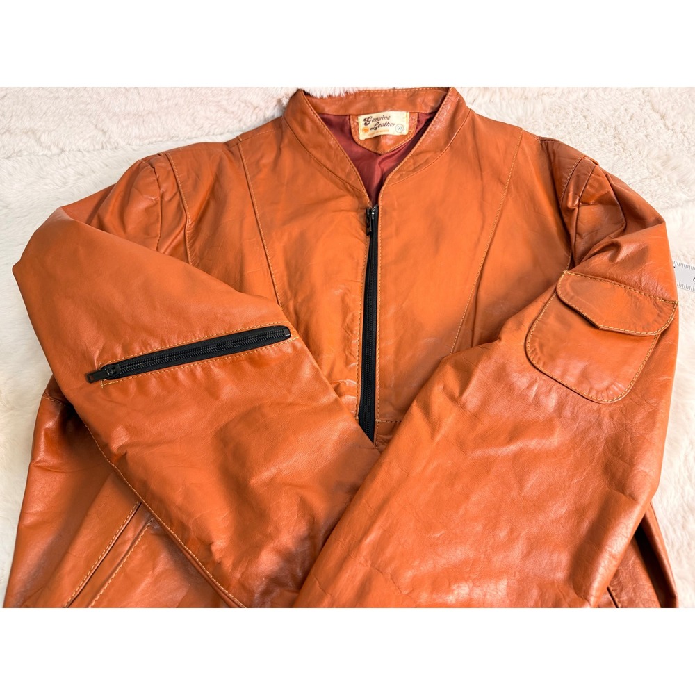Vintage 70s 80s Genuine Leather Bomber Jacket Hecho en Mexico Burnt Orange M/L - Picture 7 of 7
